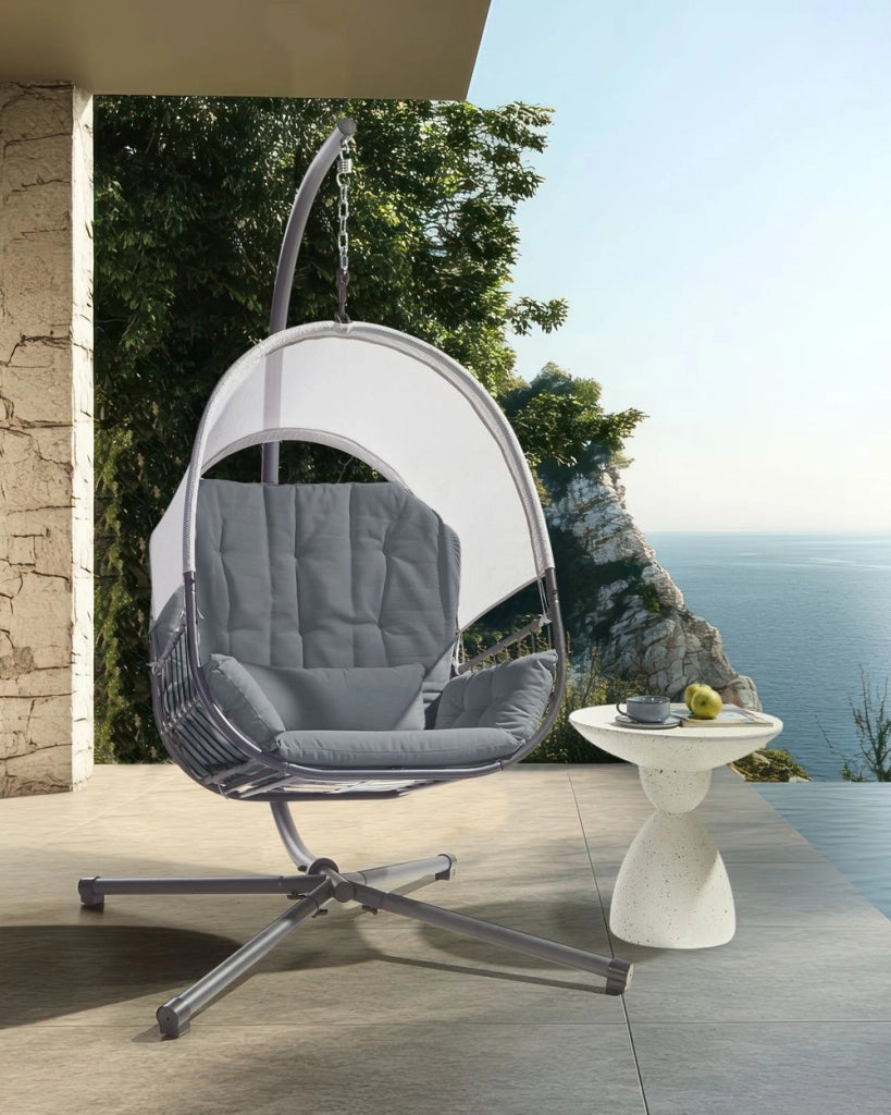 Sedia a dondolo sospesa Grigio scuro Supporto metallico in corda Cuscino morbido per seduta Boho Rustico Soggiorno Terrazza