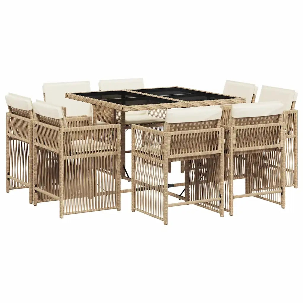 Set da Pranzo da Giardino 9 pz con Cuscini Beige in Polyrattan