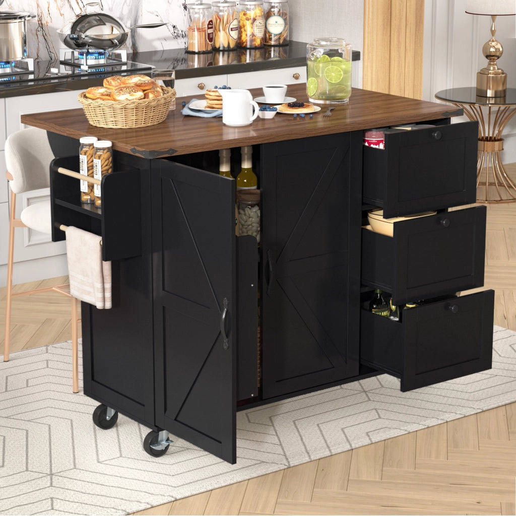 Carrello da Cucina con Piano Estraibile ¨C MINIMAL ¨C Nero, 2 Ante e 3 Cassetti, Effetto Legno