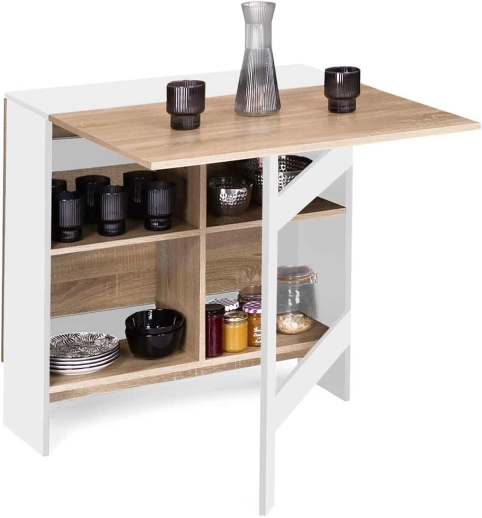 Consolle pieghevole EDI per 2-6 persone con contenitore in legno bianco e piano in faggio 150 x 80 cm