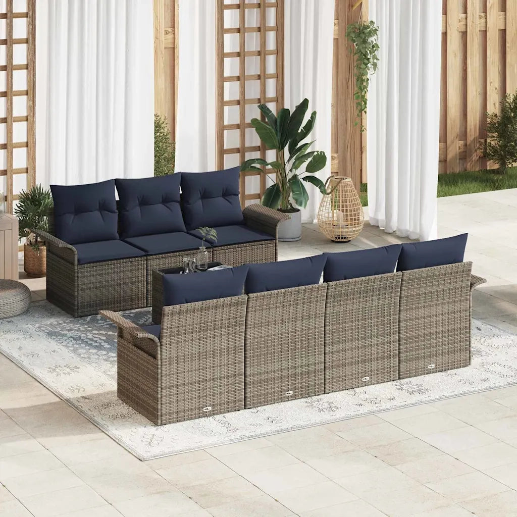 Set Divano da Giardino 8 pcs Grigio e Blu Navy polyrattan