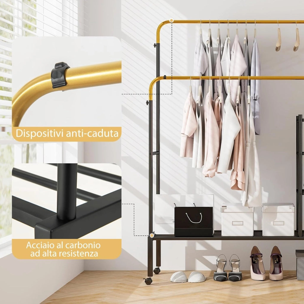 Stand Appendiabiti a Doppia Asta, con Barre Regolabili Ripiani per Riporre Ruote Bloccabili e Scarpiera, Appendiabiti in Acciaio, 135x54x167 cm, Carico 100kg (Nero+Oro)