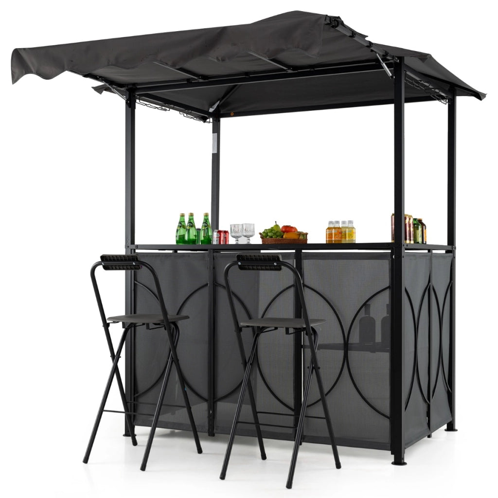 Set da giardino BBQ all'aperto 3 pezzi con tavolo bar e 2 sgabelli bar pieghevoli, Gazebo per grill con tettoia piscina Grigio-Accessori per barbecue
