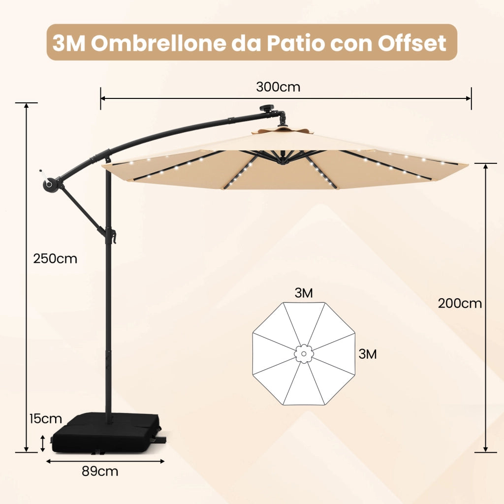Ombrellone da 300 cm con supporto e luci LED, ombrellone a braccio con manovella, ombrellone da giardino, protezione UV, ombrellone da mercato, ombrellone da patio per giardino, piscina, terrazzo, beige