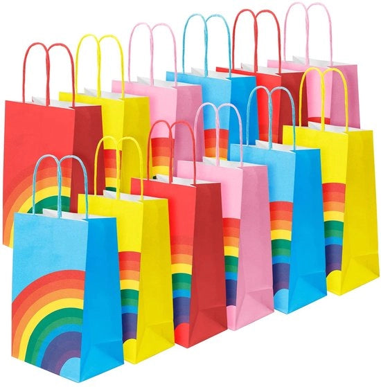 Confezioni regalo 12 pezzi - Carta arcobaleno - Sacchetti di carta - Sacchetti regalo - Regali - Dimensioni 13 x 8 x 22 cm - Materiale sicuro - Sacchetti regalo