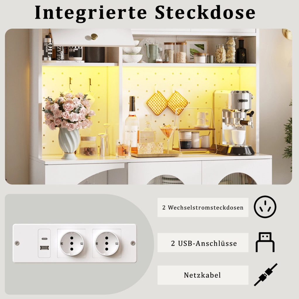 Credenza alta LED con prese USB e portabottiglie, bianca