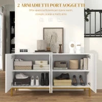 Credenza Moderna a 4 Ante con Chiusura Ammortizzata e Mensole Regolabili, 140x40x75cm, Bianco e Oro