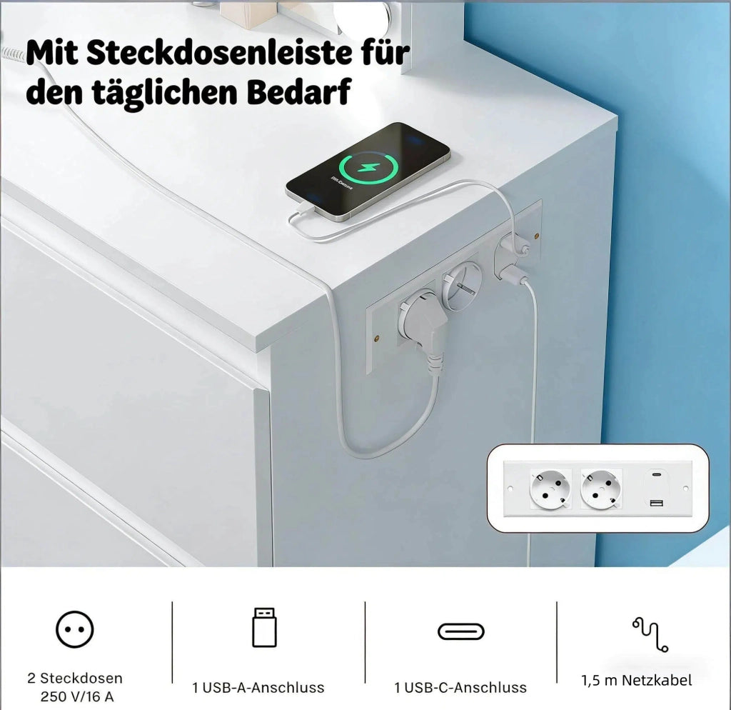 Tavolo da toeletta con specchio e prese integrate; utilizzabile come scrivania; solo tavolo