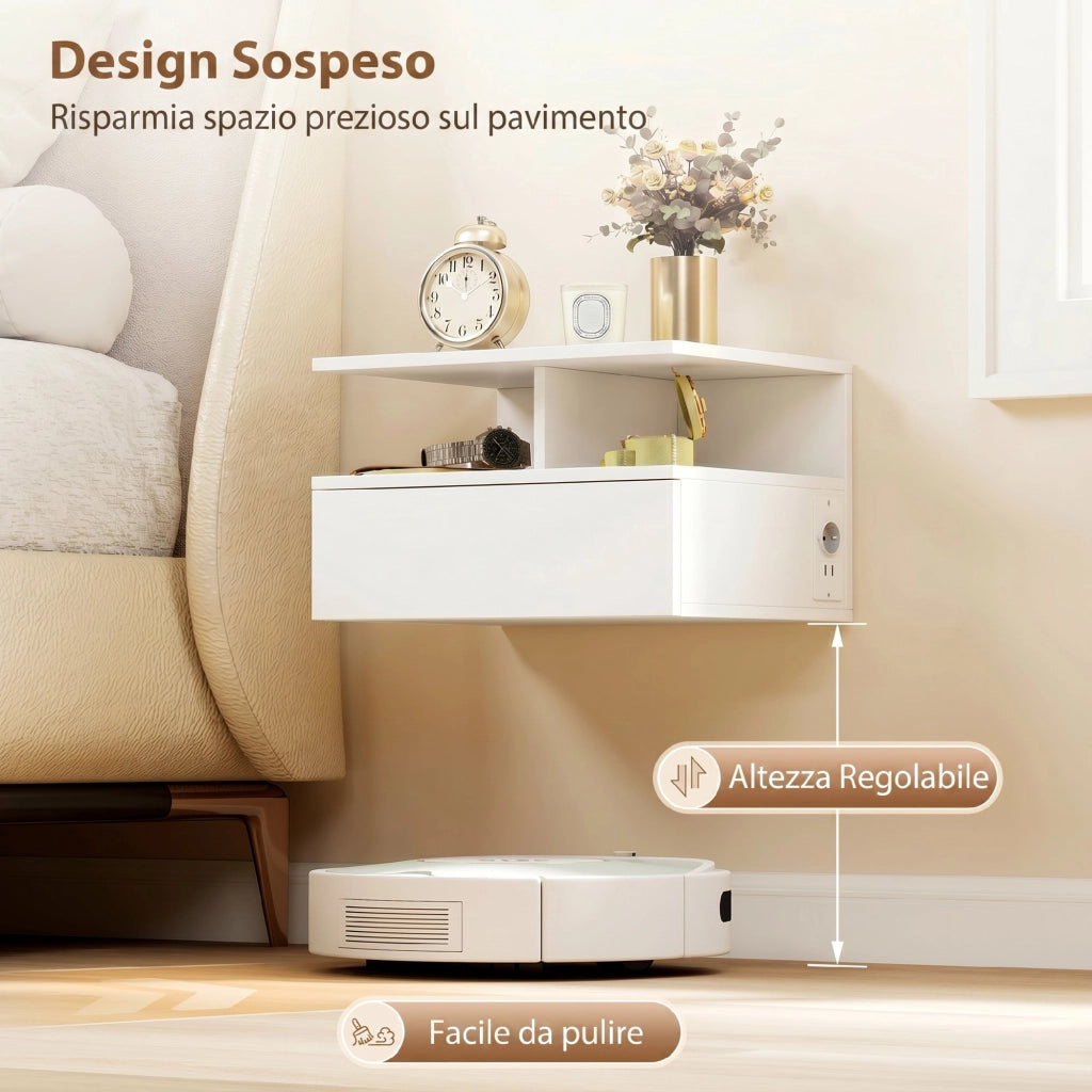 Set di 2 Comodini Sospesi Camera da Letto con Ricarica USB e Type-C, 40x35x30 cm, Bianco