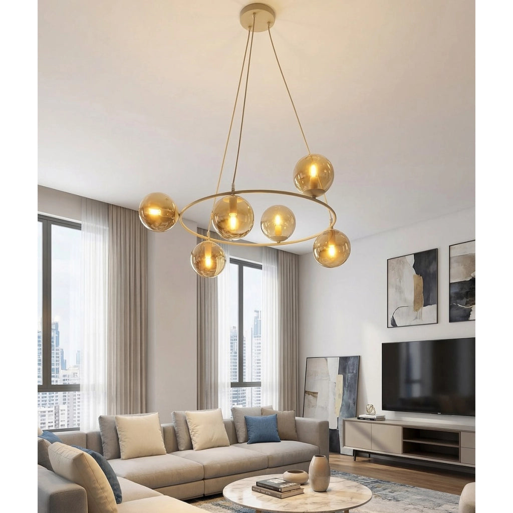 Lampada a sospensione AZURA in acciaio beige e vetro ambrato