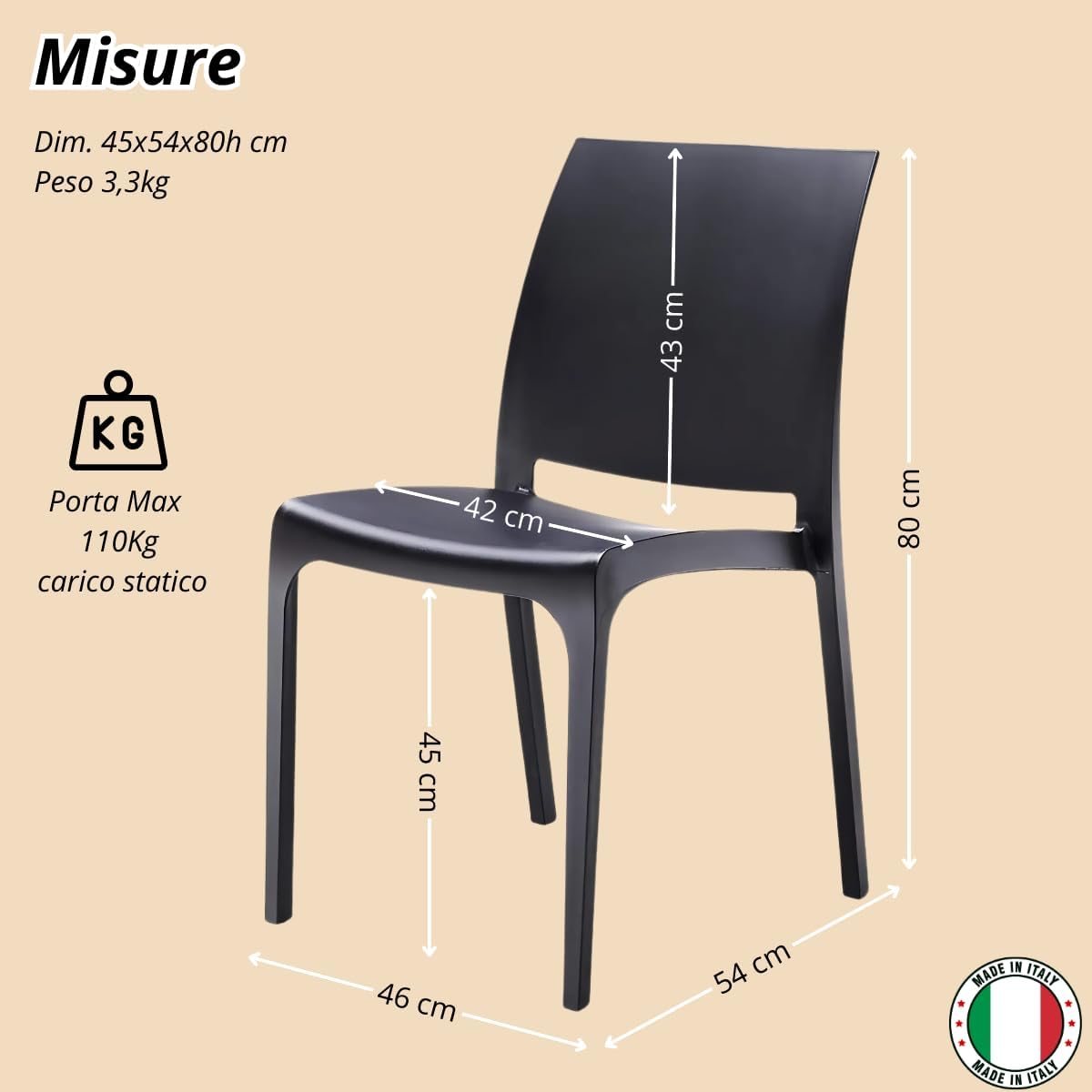 Sedie da Cucina in Plastica per uso Interno ed Esterno - Set di 6 Sedie Impilabili Volga bianco