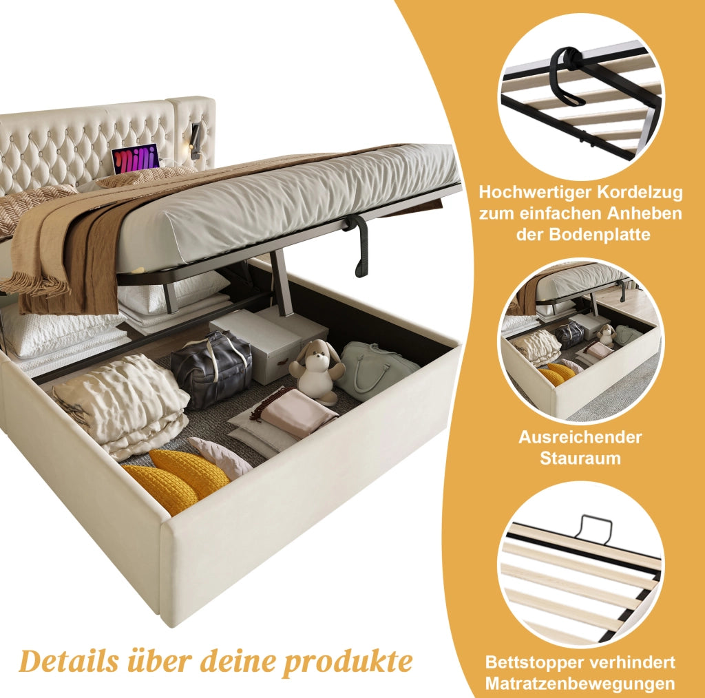 Letto matrimoniale con contenitore idraulico, comodini e illuminazione integrata