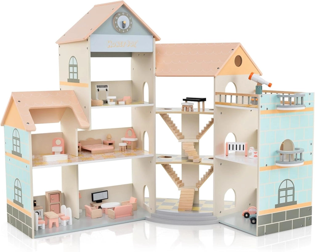 Casa delle Bambole in Legno, Casetta delle Bambole a 3 Piani con 41 Mobili e Accessori, Giocattolo per Bambini 3+ Anni,107 x 82,5 x 94,5 cm (Arancione)