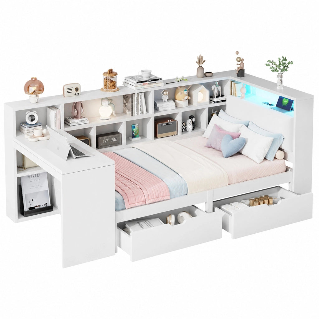 Letto a piattaforma L 90x200 cm con scrivania, libreria, testiera imbottita, LED e USB, bianco