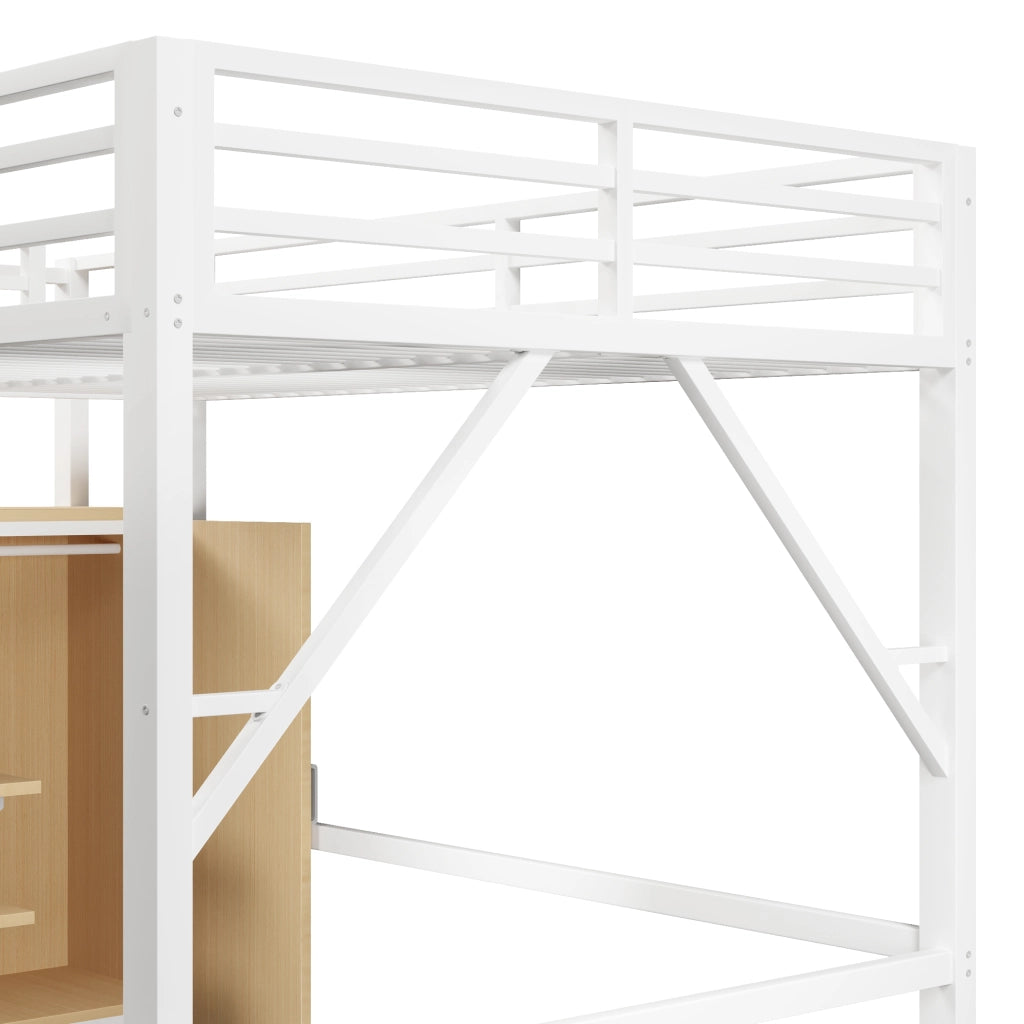 LETTO a soppalco 140x200 cm in metallo bianco con armadio, vani contenitore e LED