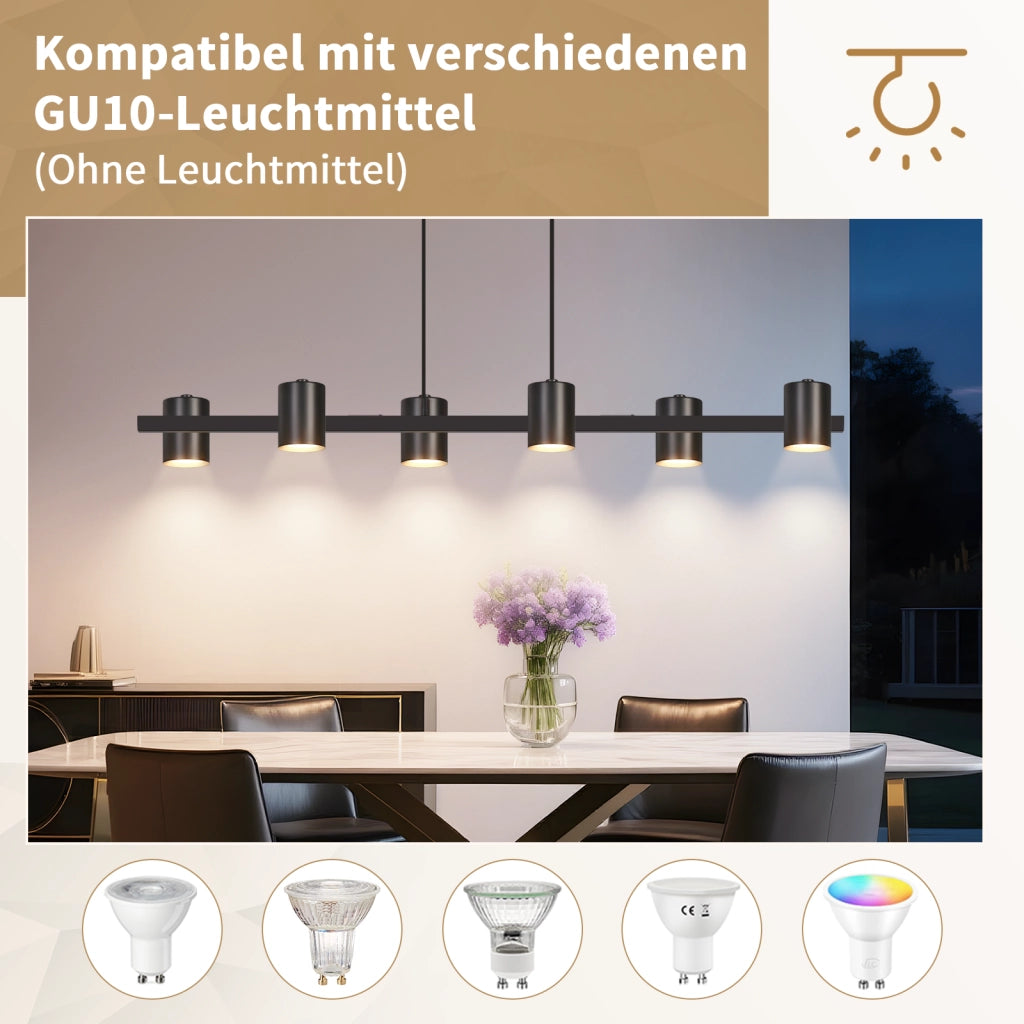 ZMH Lampada a Sospensione Nera 6 Luci Metallo 150cm GU10 Industriale per Sala da Pranzo Soggiorno Cucina Senza Lampadine
