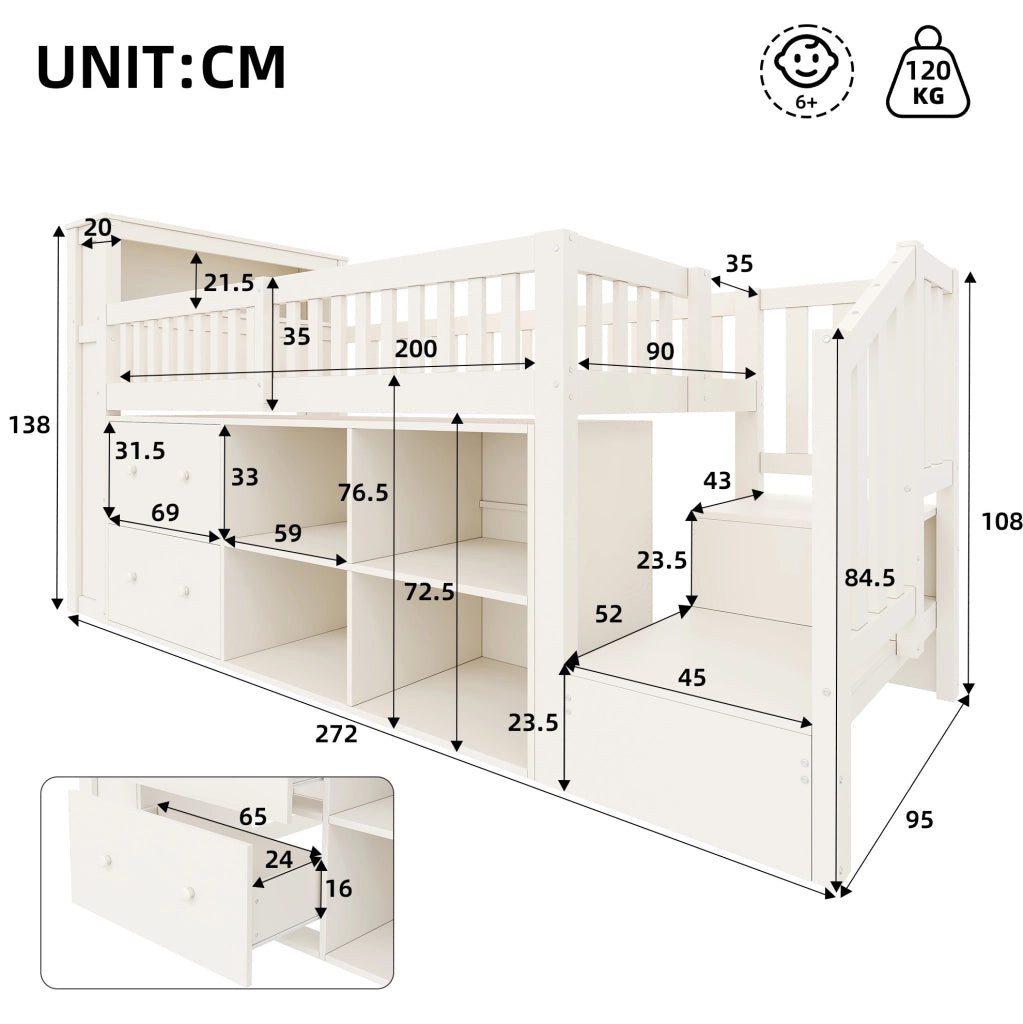 Letto semialto 90 x 200 cm con scala contenitore; ripiani; LED; USB e USB-C bianco