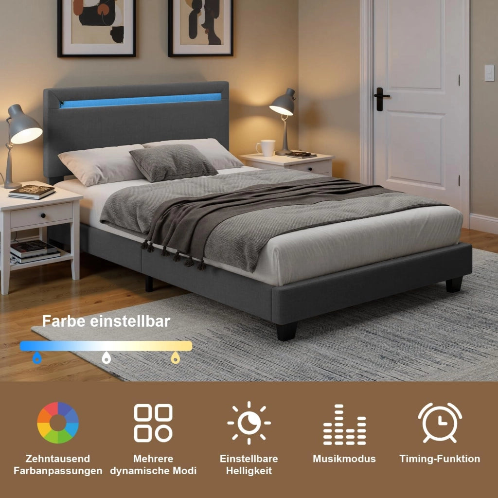 Letto imbottito 120x200cm con luce LED, Letto a piattaforma imbottito, Struttura in ferro, Testiera imbottita, Bse robusta, Adatto per camere degli ospiti (Grigio scuro)