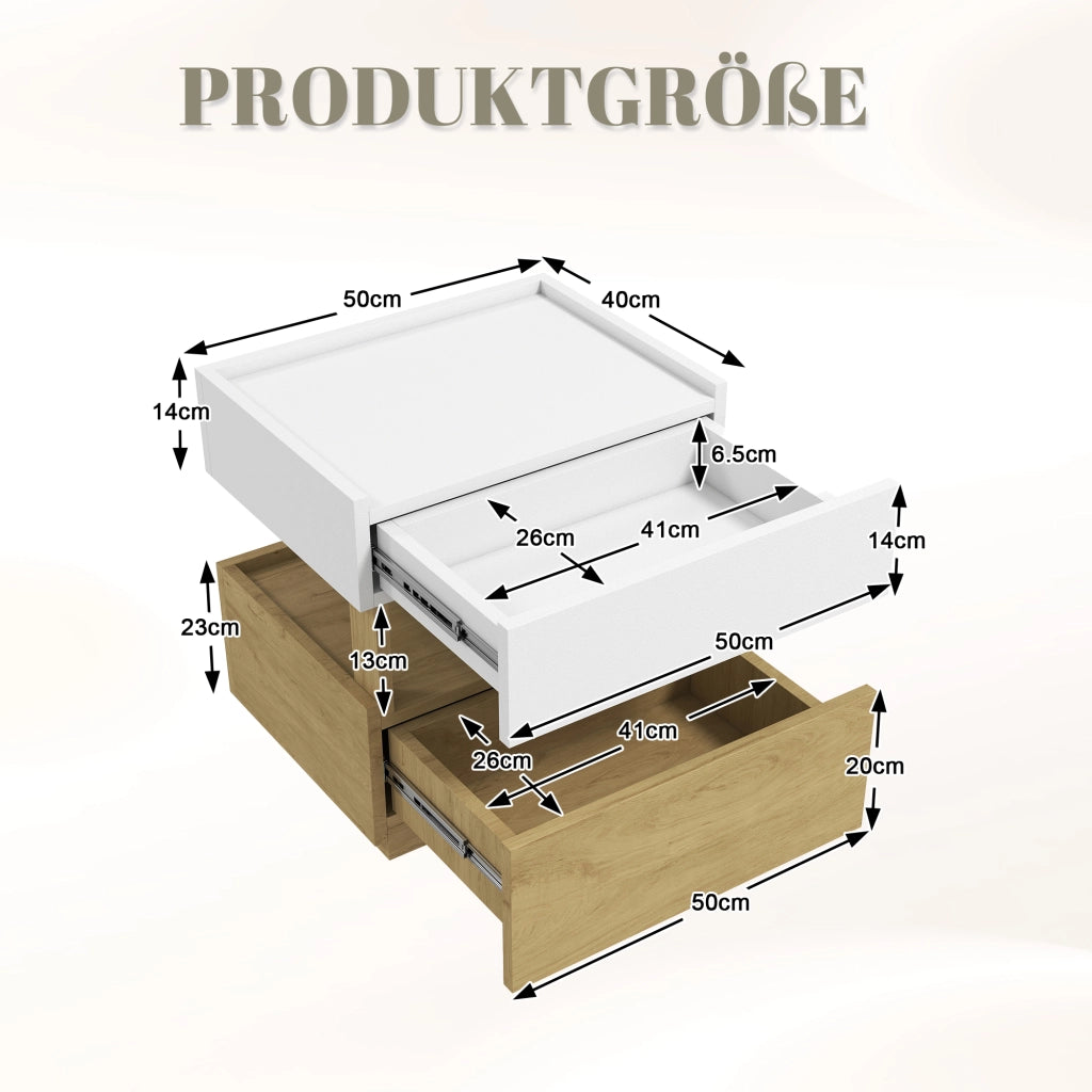 COMODINO 50x40x50 cm con ricarica wireless e LED, Bianco/Naturale, 2 cassetti