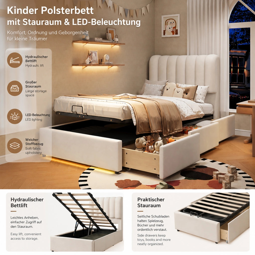Letto contenitore per ragazzi in velluto beige con LED e 3 cassetti