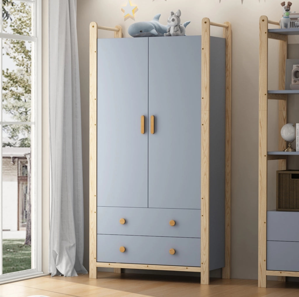 Guardaroba con scaffale blu e naturale in legno, 180,5 cm