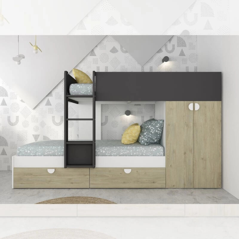 Cameretta con letto a castello con cassettoni e armadio colore rovere e antracite
