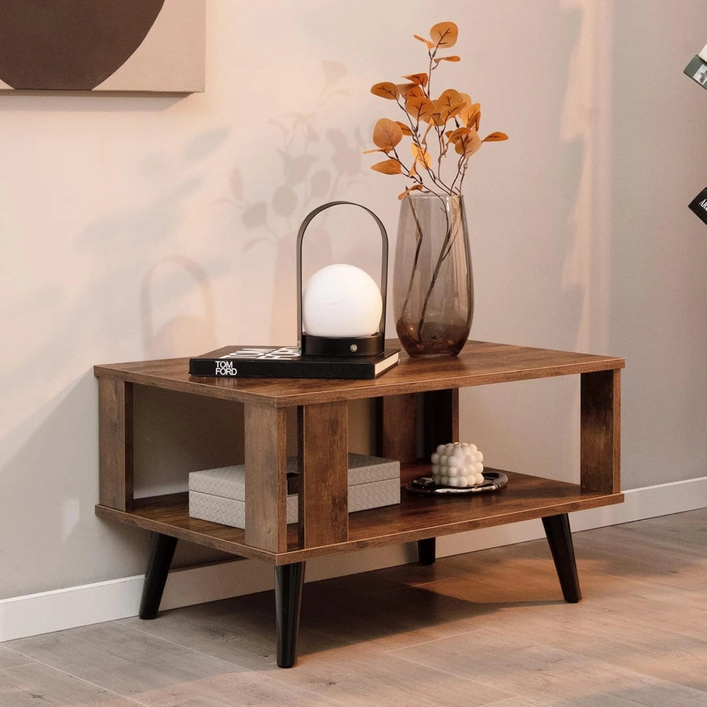 Tavolino da Salotto in Legno, Tavolino Centrale a 2 Livelli con Ripiano di Stoccaggio Aperto, Tavolino da Caffè Industriale e Moderno per Soggiorno e Ufficio, Portata 50 kg, 70 x 50 x 41cm