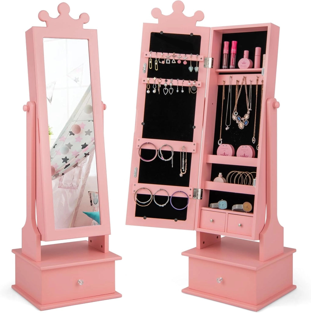 Armadio Gioielli per Bambini con Specchio, Armadietto Portagioie da Terra per Bambini con 3 Cassetti, per Bambini 3+ Anni, Ideale per Camera da Letto (Rosa)