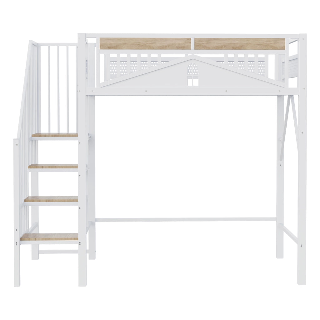Letto a soppalco in metallo 90 x 200 cm, bianco, con scala laterale, parapetto di sicurezza e spazio contenitore