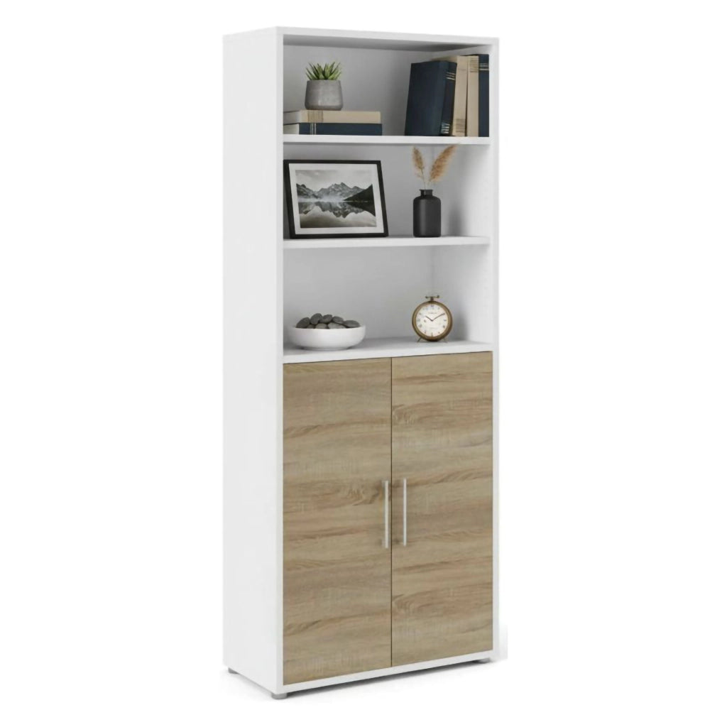 Credenza Valsesia, Buffet da soggiorno, Madia da salotto, Dispensa da cucina, 89x40 h222 cm, Bianco e Quercia