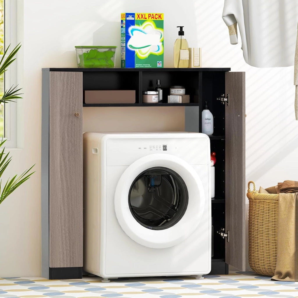 Scaffale Sopra WC 87.5x18x98cm, Mobile per Bagno con Doppia Anta, 2 Scomparti Aperti e 4 Ripiani Regolabili, Armadietto Salvaspazio da Terra per Bagno Lavanderia (Nero)