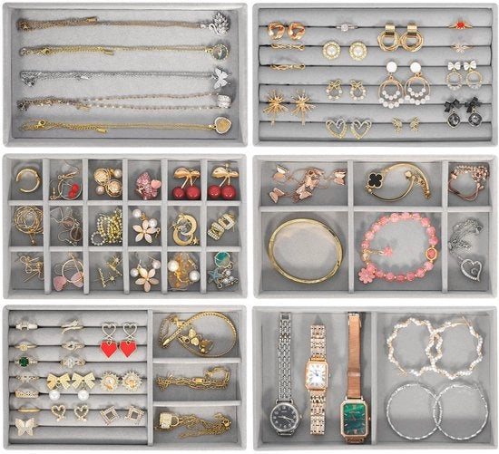 Set di accessori per gioielli 6 pezzi, organizzatore per cassetta di gioielli e tavolo da toeletta, anelli, orecchini, collane, bracciali, cassetta di gioielli in velluto (grigio chiaro)