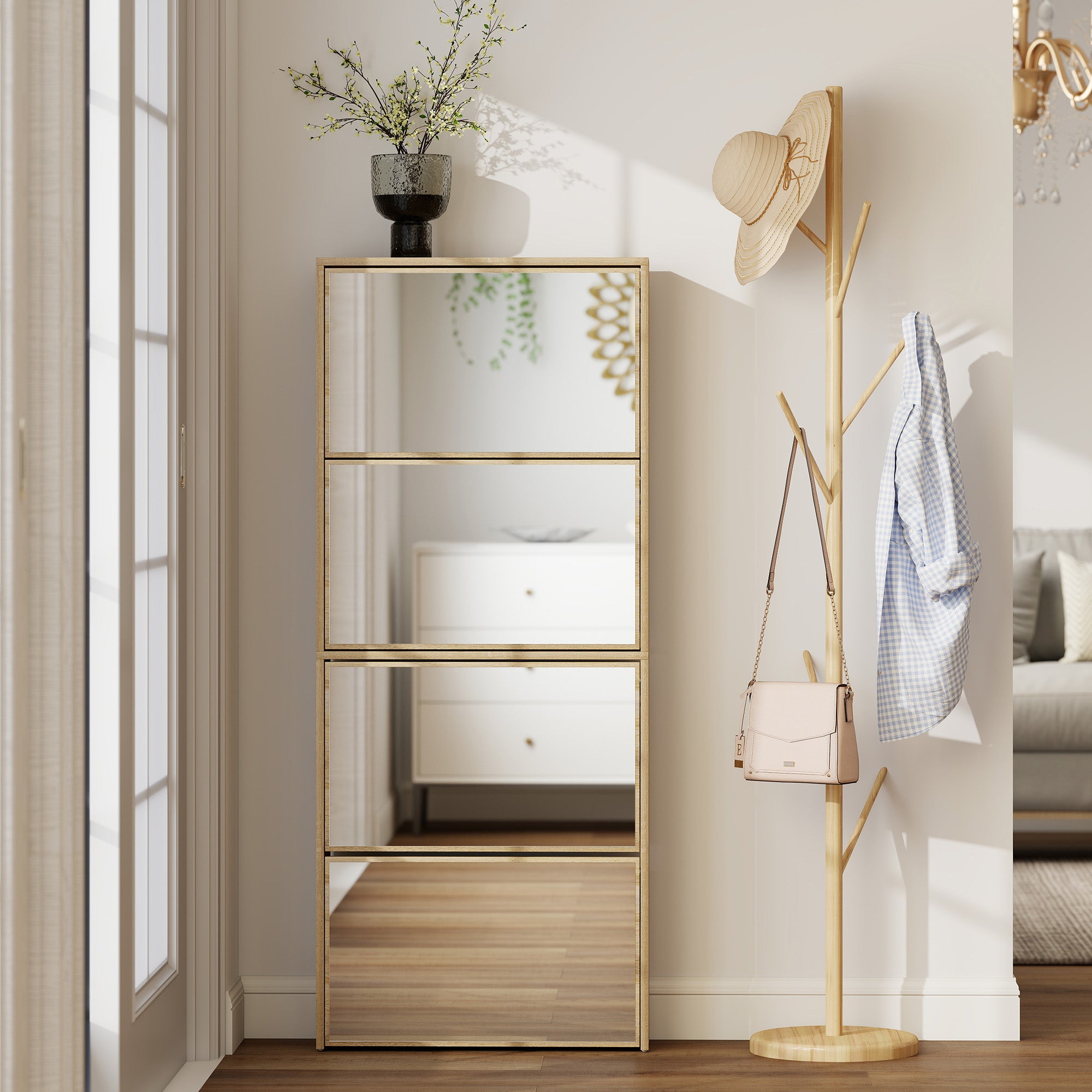 Scarpiera a Specchio 63x17x146 cm a 4 Ante Antiribaltamento in Legno color Legno