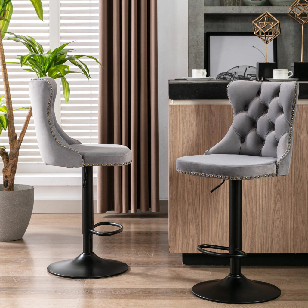 Sgabello da bar girevole in velluto con altezza regolabile, schienale ergonomico e base cromata stabile, grigio