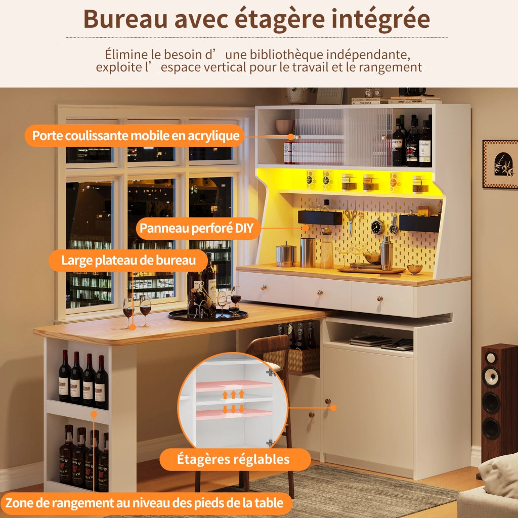 OKWISH Credenza Alta da Cucina con Piano Estensibile e LED, per Cucina o Sala da Pranzo, MDF, Bianco, 137 x 45 x 178 cm