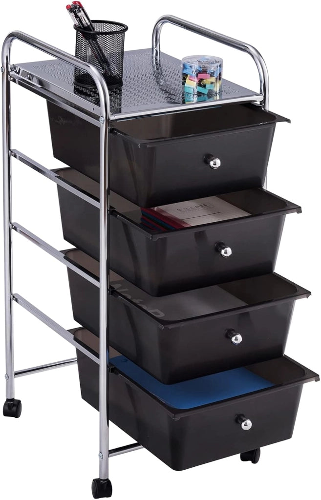 Carrello con 4 cassetti impilabili, carrello per cassetti, carrello da cucina con ruote, carrello portaoggetti, per cucina, bagno, ufficio, 32 x 37 x 76 cm (nero)