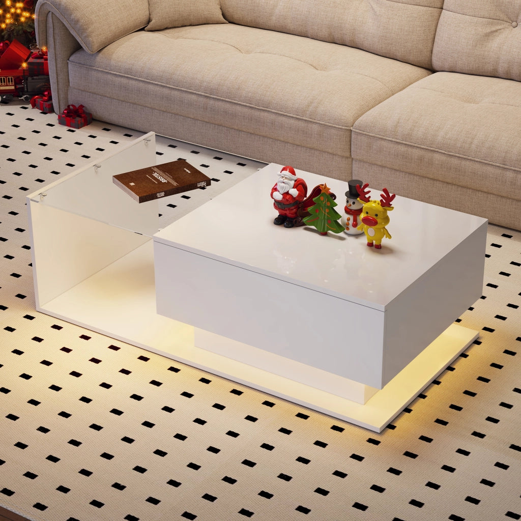 Tavolino da caff¨¨ bianco lucido 100x50x32 cm con piano in vetro, cassetto e illuminazione LED intelligente