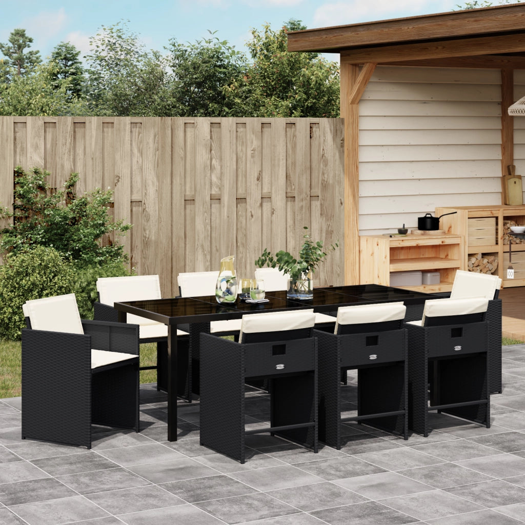 Set da Pranzo Giardino 9 Pezzi con Cuscini Rattan PE Nero