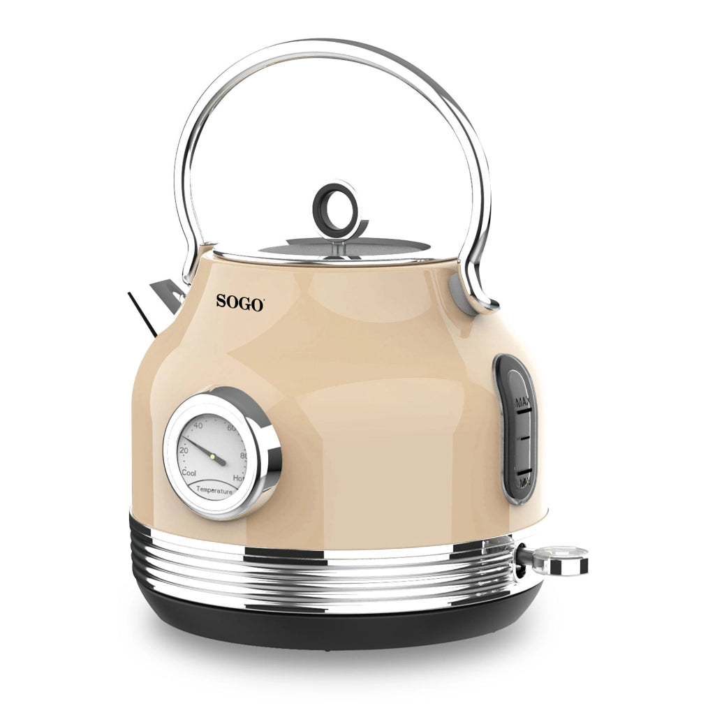 Bollitore elettrico vintage 1,8 litri con termometro integrato, base 360° e spegnimento automatico 2200W - Sogo
