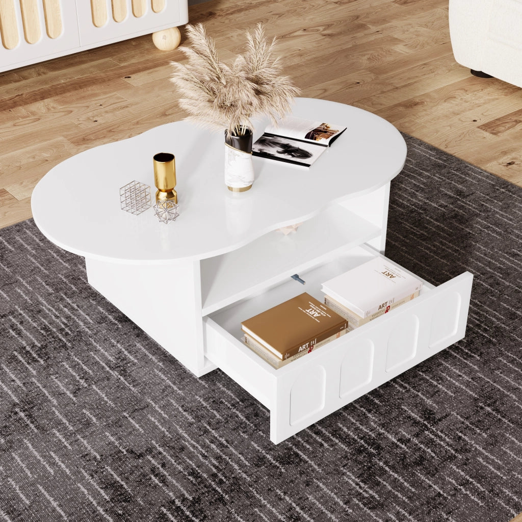 Tavolino da salotto con 1 Cassetto e 1 Vano aperto; Piano a Nuvola; per Soggiorno; in Pannelli di particelle; 100 × 60 × 40.5 cm; Bianco
