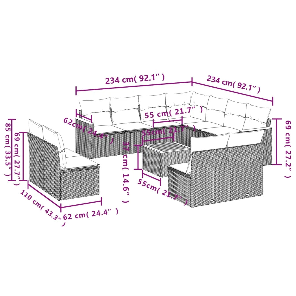 Set Divani da Giardino 12 pz con Cuscini Nero in Polyrattan 3258492