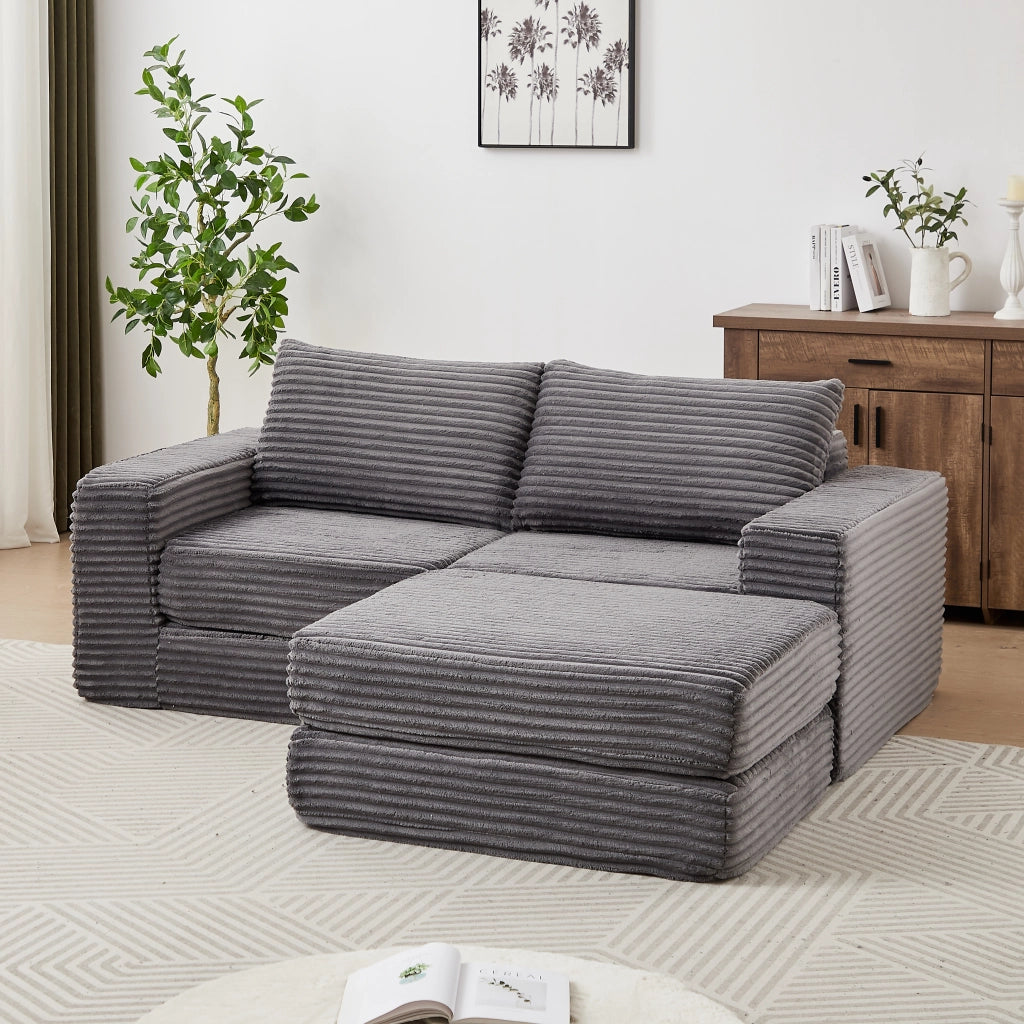 Divano letto modulare in corduroy con pouf removibile, braccioli quadrati e configurazione flessibile, grigio