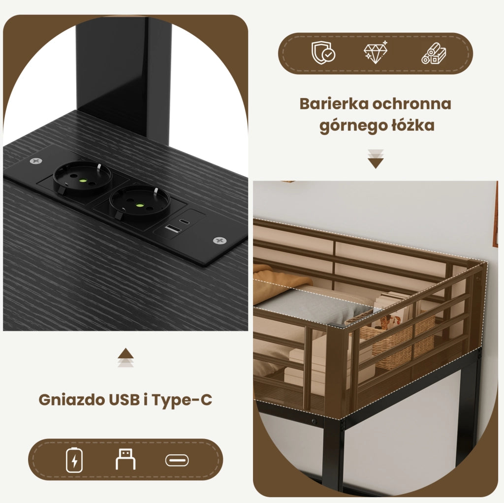 Letto a castello doppio in ferro 90x200 cm con scrivania, prese USB e Type-C, mensole e ripiani, nero