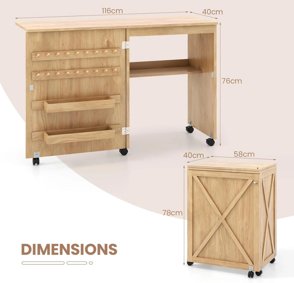 Tavolo Cucire con Ruote, Tavolino Cucito Pieghevole, Asse da Stiro Richiudibile, Mobile per Macchina da Cucire a Scomparsa, Allungabile a 3 Livelli, 58x40x78 cm, 2 Colori Disponibili