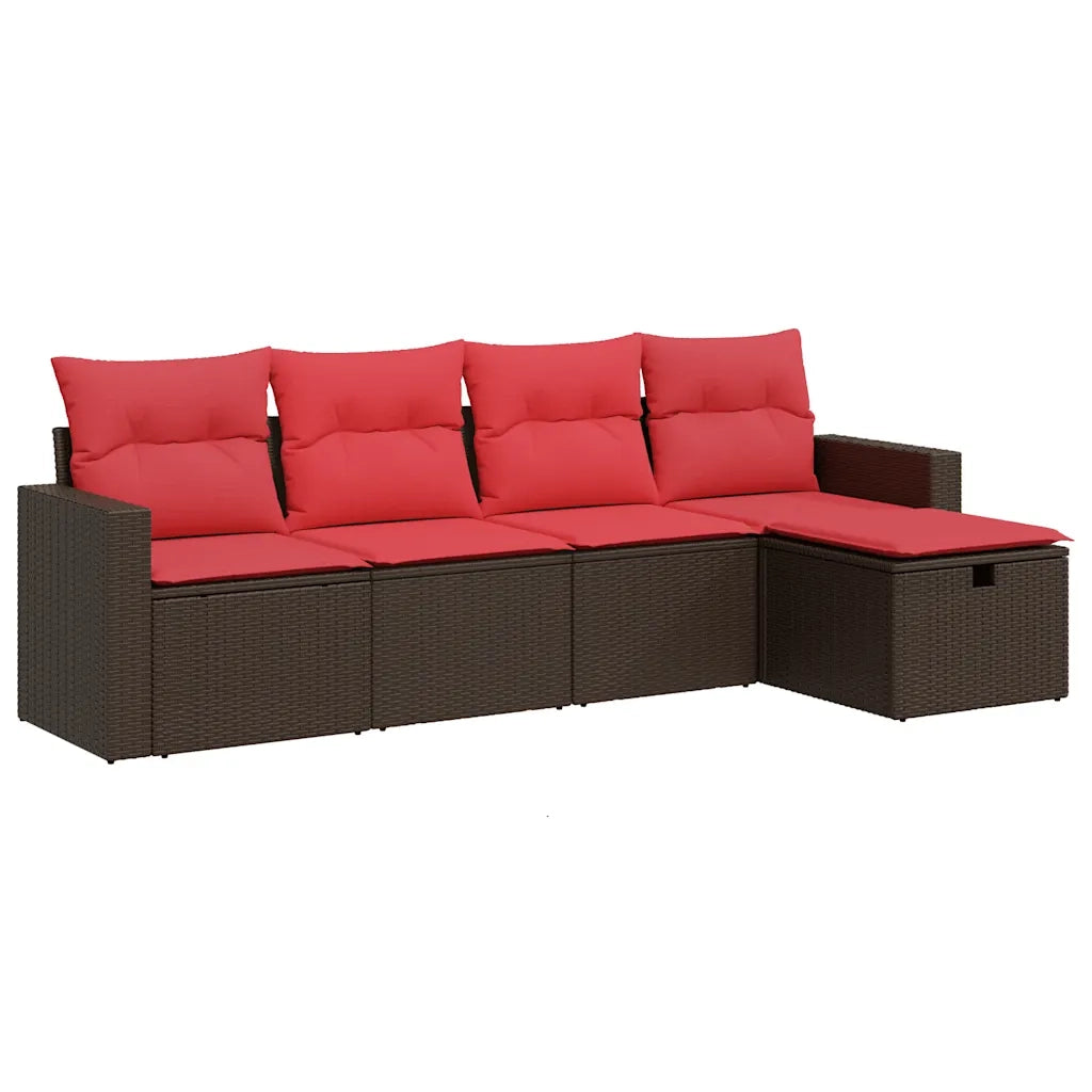 Set Divano da Giardino 5 pz con Cuscini Marrone in Polyrattan