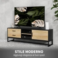 Mobile Porta TV 60" con Armadietto, 2 Cassetti e Ripiani Aperti, 140x35x45 cm, Legno Naturale