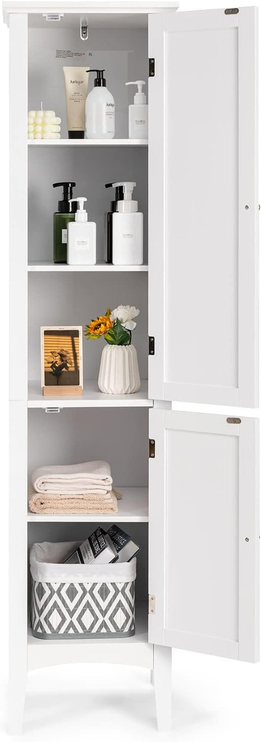 Mobile da Bagno Alto con 2 Ante, Armadio da Terra con 5 Vani, Mobile Colonna per Bagno Cucina Soggiorno, 37 x 37 x 160 cm (Bianco)