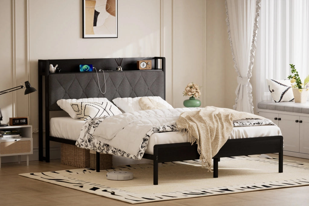 Letto imbottito 140x190 grigio scuro con 2 prese 2 USB testiera e vano contenitore