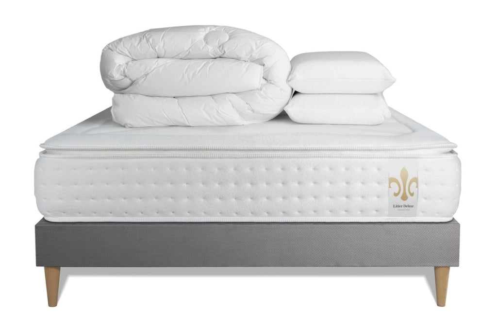 Pacchetto letto completo - Materasso 140x190cm + Box spring con doghe (kit) + 2 cuscini + Piumino - Vingt-Quatre PLUS