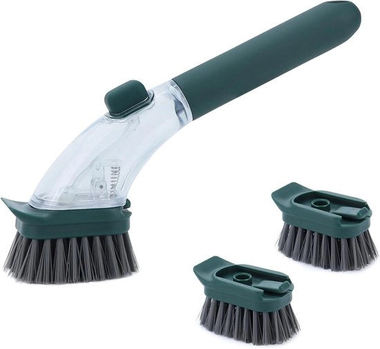Spazzolone per dispensatore di sapone con manico, spazzola per pulire utensili da cucina, adatto per lavare padelle, lavandini e bagni (verde scuro) con 2 teste di spazzola